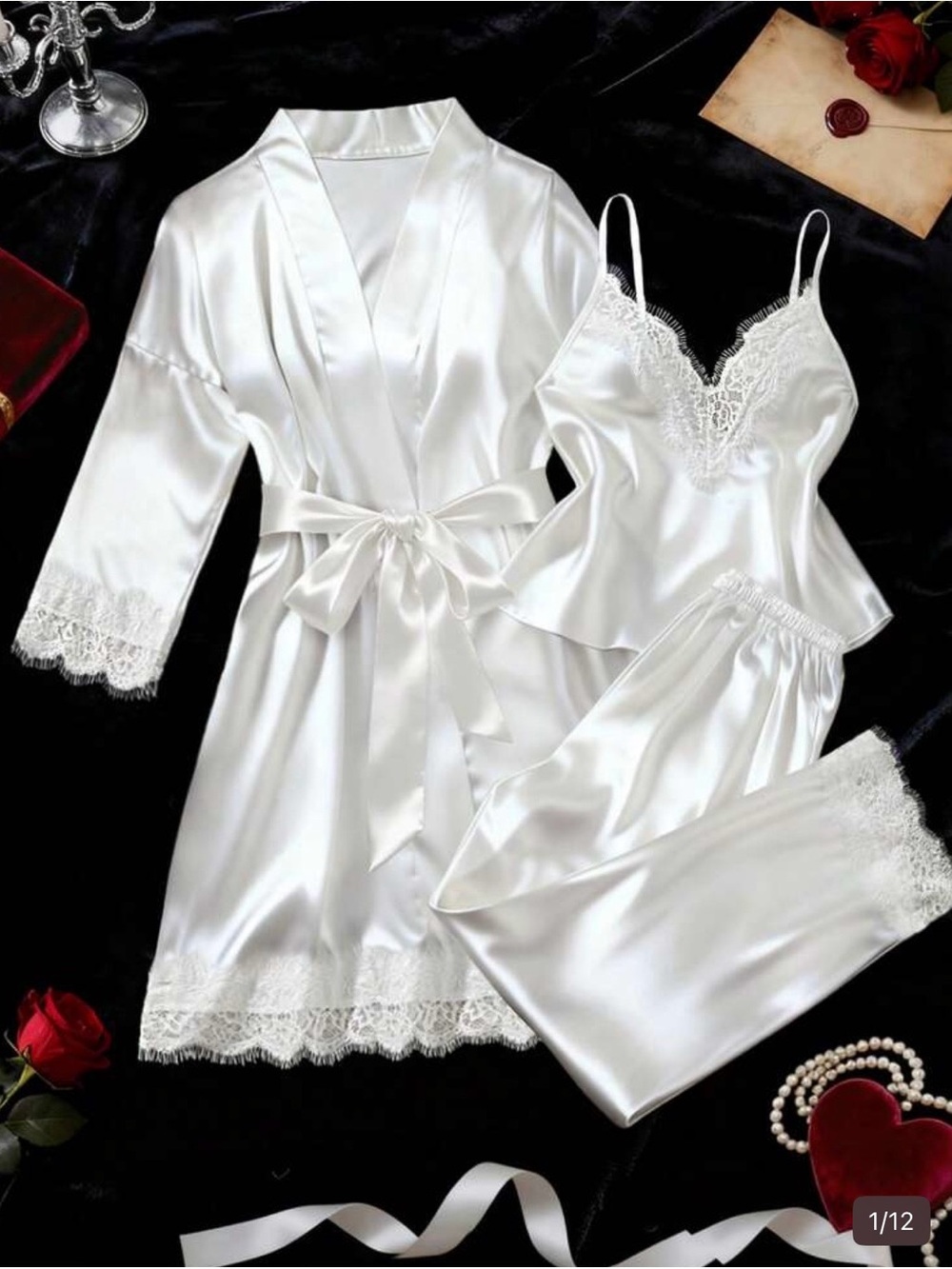 White Satin Lace 3-Piece Sleepwear Set - Robe, Cami & Pants